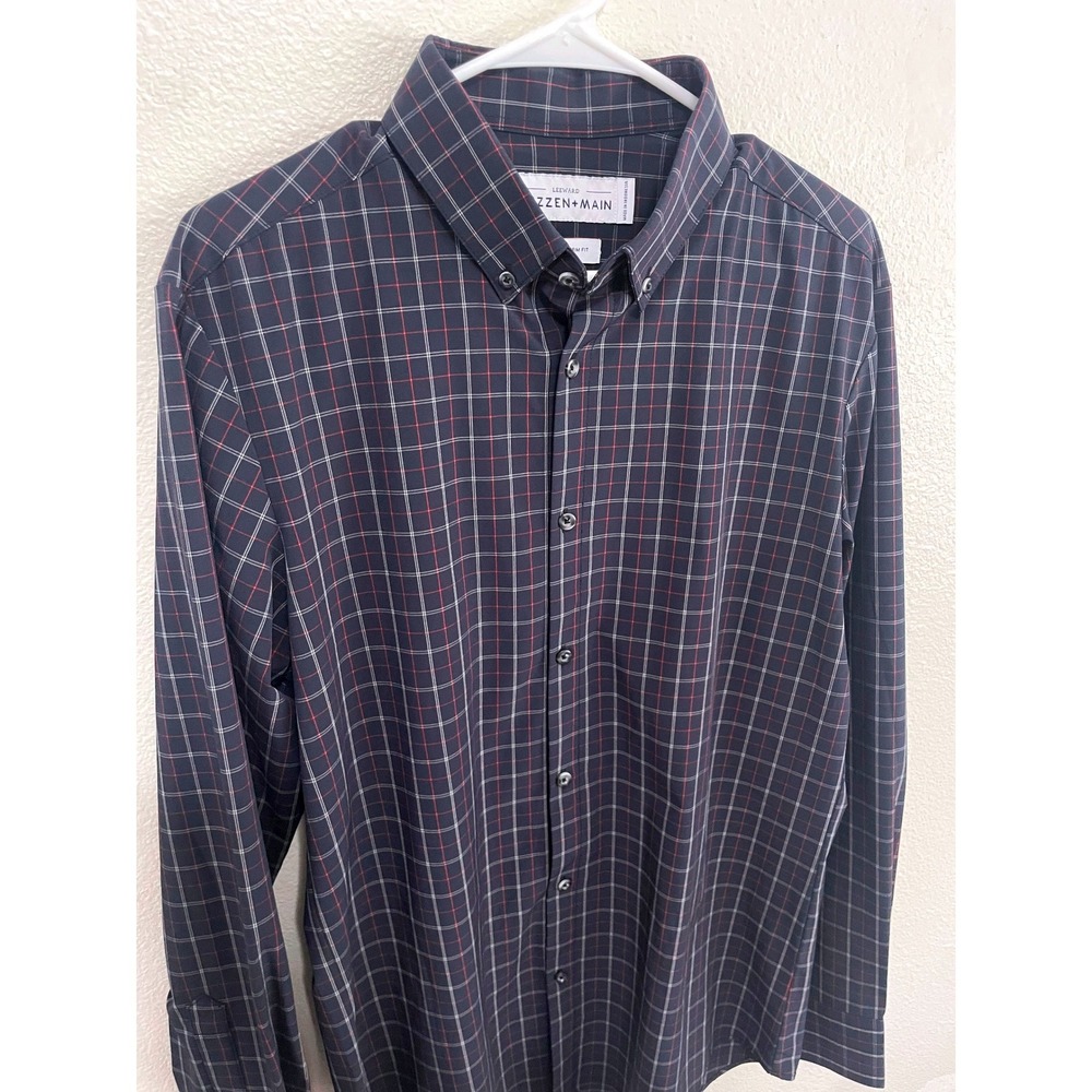 Mizzen+Main Mens Medium Trim Fit Dress Shirt Navy Blue Excellent Leeward Check
